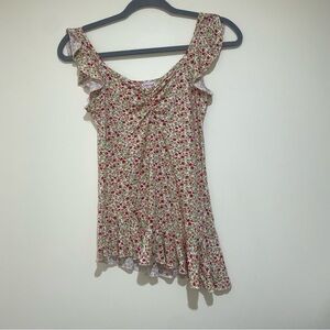 Womens  Y2K Party Girl Summer Floral V-Neck Diagonal Cut Flowy Sleeve stank Top